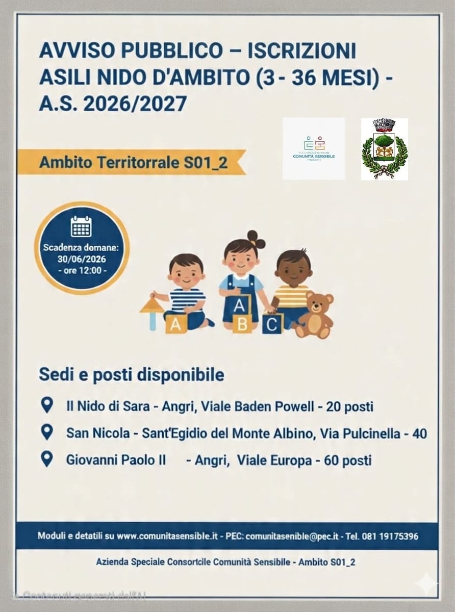 AVVISO PUBBLICO PER LE ISCRIZIONI AL SERVIZIO “ASILI NIDO D’AMBITO (3-36 MESI) ANNO SCOLASTICO 2026/2027